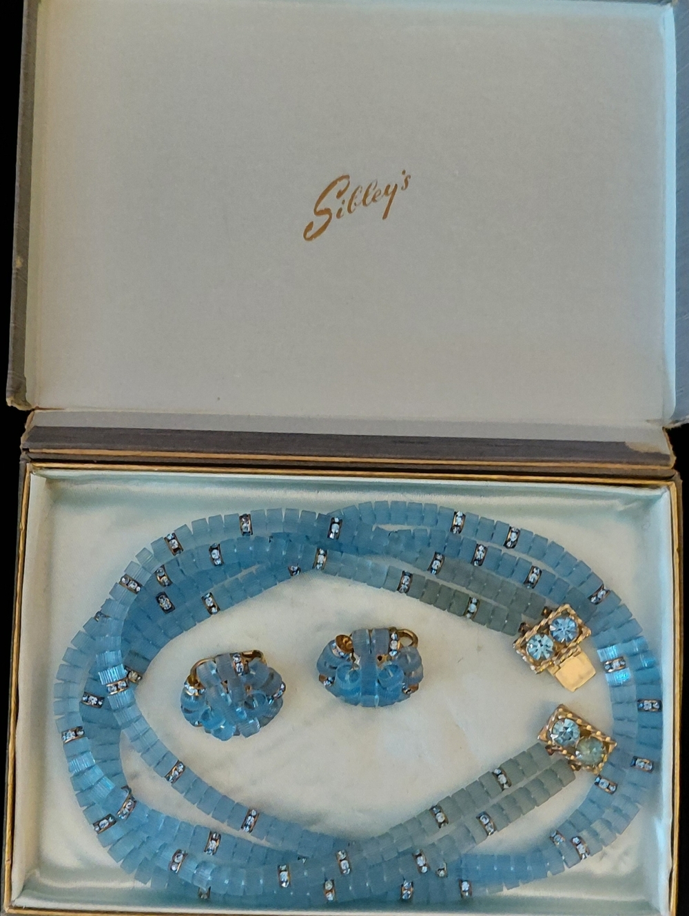 Vintage Double Strand Blue Barrel Glass Beads Necklace and Clip Earrings